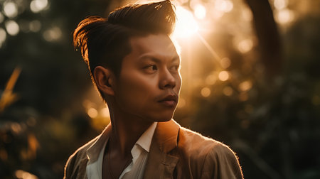 Portrait of handsome asian man in the forest at sunset.の素材