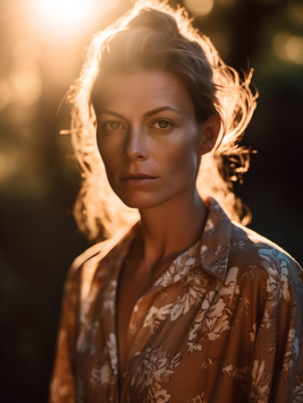 Portrait of a beautiful blonde woman in a dress in the rays of the setting sunの素材