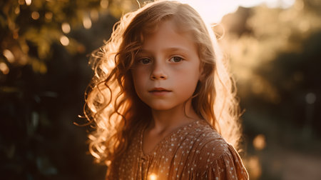 Portrait of a beautiful little girl with long curly hair in the rays of the setting sun.の素材