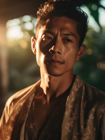 Portrait of a handsome asian man in kimono.の素材
