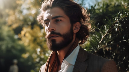 Portrait of a handsome young man with long hair. Men's beauty, fashion.の素材