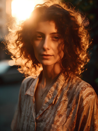 Portrait of a beautiful young woman with curly hair on the streetの素材