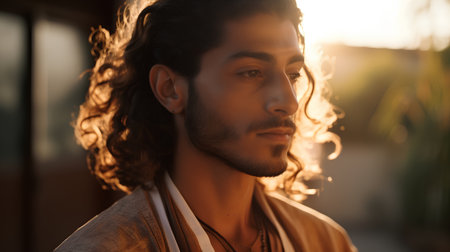 Portrait of a handsome young man with curly hair. Men's beauty, fashion.の素材