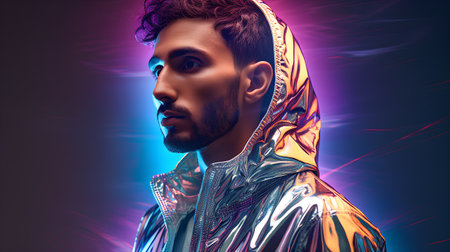 Portrait of a futuristic man in a silver suit. Sci-fi style.の素材