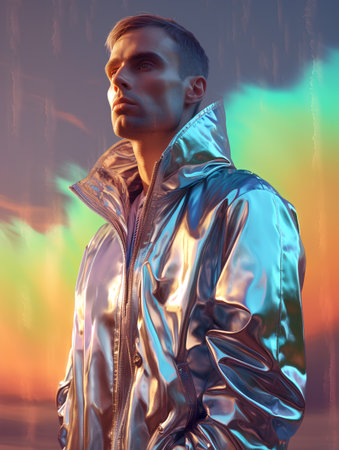 Handsome young man in a silver raincoat. 3d renderingの素材