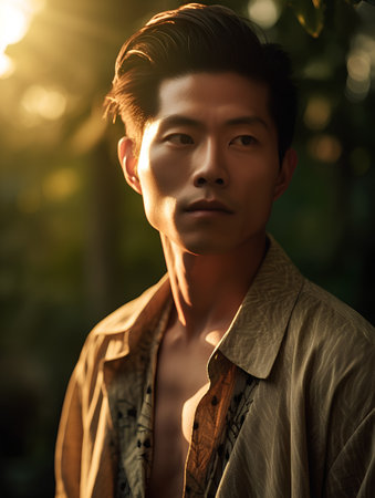 portrait of a handsome young asian man in the park at sunsetの素材