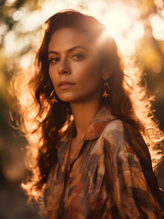 Portrait of a beautiful young woman in the autumn forest. Beauty, fashion.の素材
