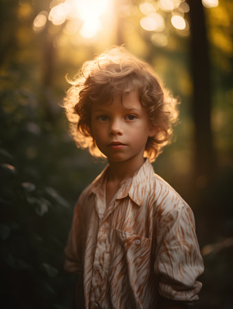 portrait of a boy with curly hair in the forest at sunsetの素材