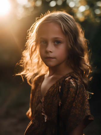 Portrait of a beautiful little girl with long hair in a brown dress.の素材