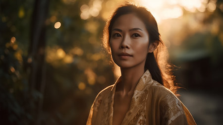 Portrait of a beautiful asian woman in a forest at sunsetの素材