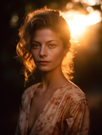 Fashion portrait of young beautiful woman in the park at sunset.の素材