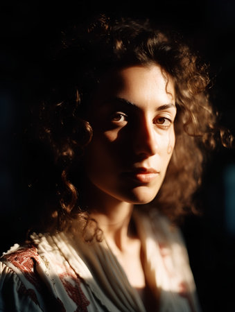 Portrait of a beautiful girl with curly hair on a dark backgroundの素材