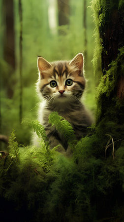 Cute little kitten in the forest. Nature background. Toned.の素材