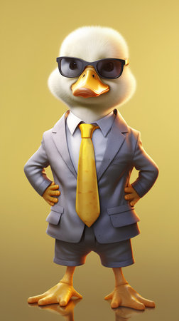 Duck in suit and tie on yellow background. 3d illustrationの素材