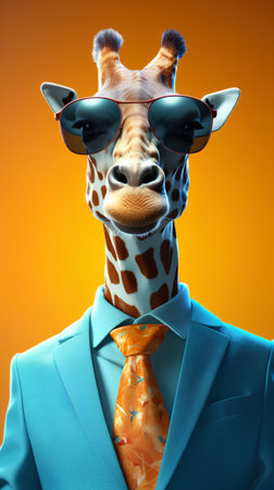 Giraffe in suit and sunglasses on orange background. 3d illustrationの素材