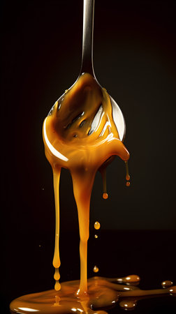Pouring caramel syrup on a spoon, isolated on black background.の素材