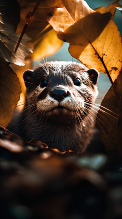 Portrait of an Asian small-clawed otter on autumn leavesの素材