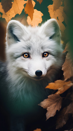 Portrait of a beautiful white fox with yellow eyes on a background of autumn leavesの素材