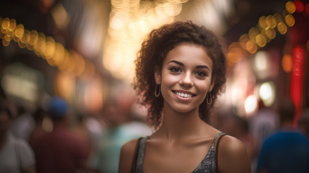 Portrait of a beautiful young african american woman smiling in the cityの素材