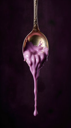 Spoon with purple paint splashing on dark background. 3d renderingの素材