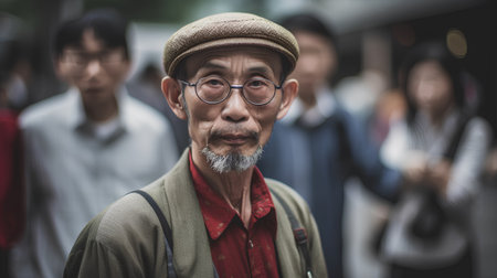 Portrait of Asian senior man with his friends in the background.の素材