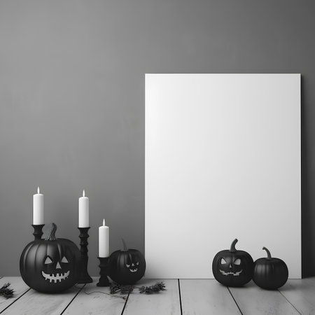 Halloween pumpkins with candles and blank white poster on wooden floorの素材