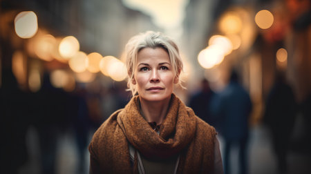 Portrait of a middle-aged woman in a city street.の素材