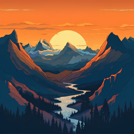 Mountain landscape with lake, forest and sunset. Vector illustration.の素材