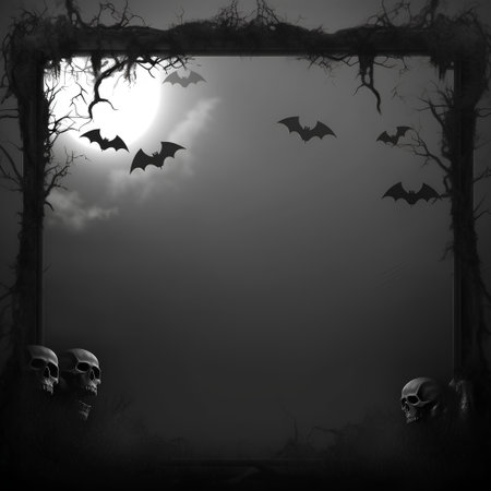Halloween background with bats and skull in the dark forest and full moonの素材