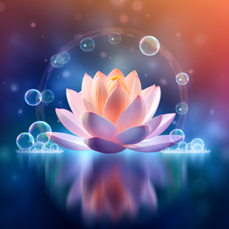 Beautiful lotus flower with bubbles on the background. Vector illustration.の素材