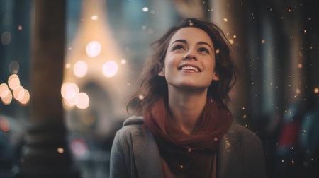 Portrait of a smiling young woman on the background of Christmas lightsの素材