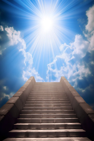 Conceptual stairway to success over blue sky with clouds backgroundの素材