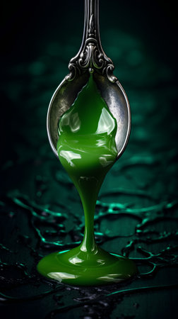 Spoon with green syrup on a dark background. Selective focus.の素材
