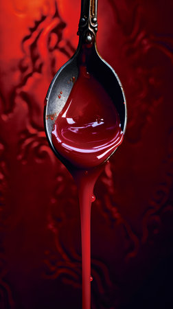 Spoon with spilled red paint on a red background. Copy space.の素材
