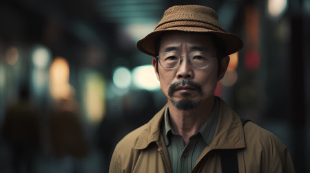 Asian senior man wearing hat walking in the city, vintage tone.の素材