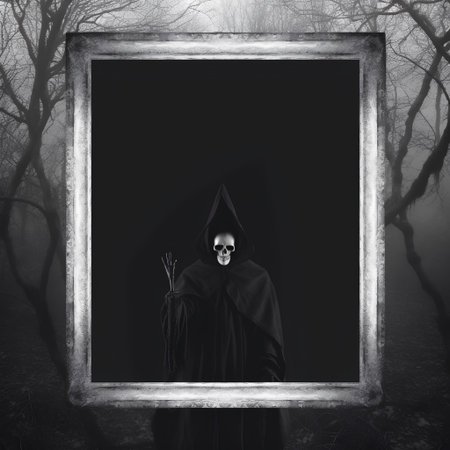 Dark scene with man in death costume and empty frame for your textの素材