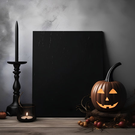 Halloween background with pumpkins, candles and black board on wooden tableの素材