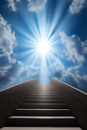 Stairs leading to heaven with sun rays and blue sky. 3D renderingの素材