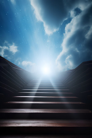 Wooden stairs leading to the sky with rays of light. 3D renderingの素材