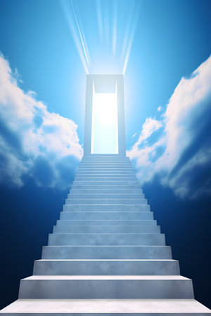 staircase leading up to heaven with light rays on blue sky illustrationの素材