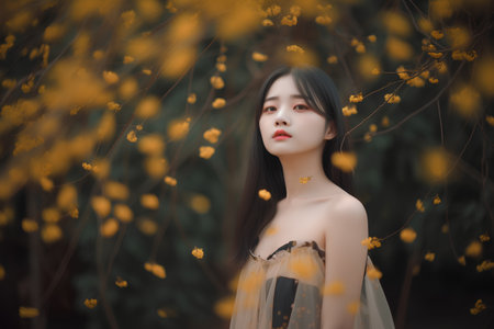 Beautiful asian girl with long hair in the garden with yellow flowers.の素材