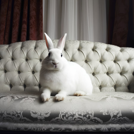 Cute white rabbit sitting on a sofa in the living room.の素材