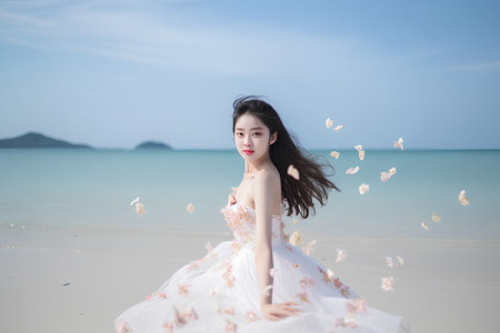Beautiful asian woman in white dress on the beach with sea backgroundの素材