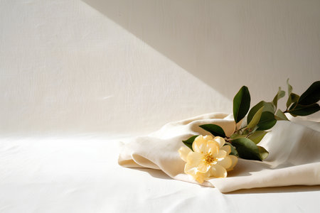 White fabric with a yellow flower on a white background, copy spaceの素材