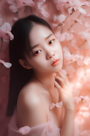 Beautiful young asian woman with natural makeup and pink cherry blossom background.の素材