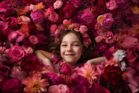 Little girl lying on a flower bed with pink flowers in her hairの素材