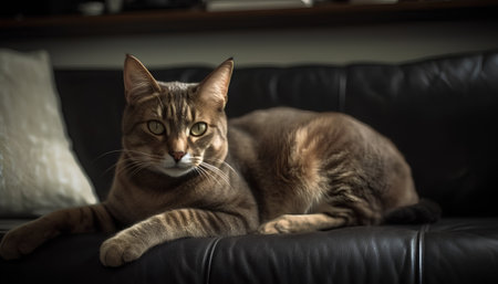 Cute tabby cat on a black leather sofa at home.の素材