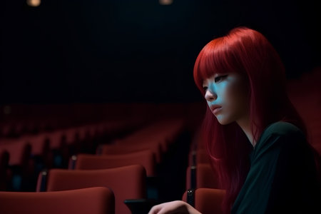 Portrait of a beautiful young woman with red hair in a cinemaの素材