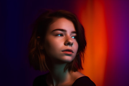 Portrait of a beautiful girl with blue eyes on a dark backgroundの素材