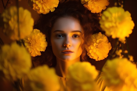 Portrait of a beautiful young woman with yellow flowers in her hairの素材